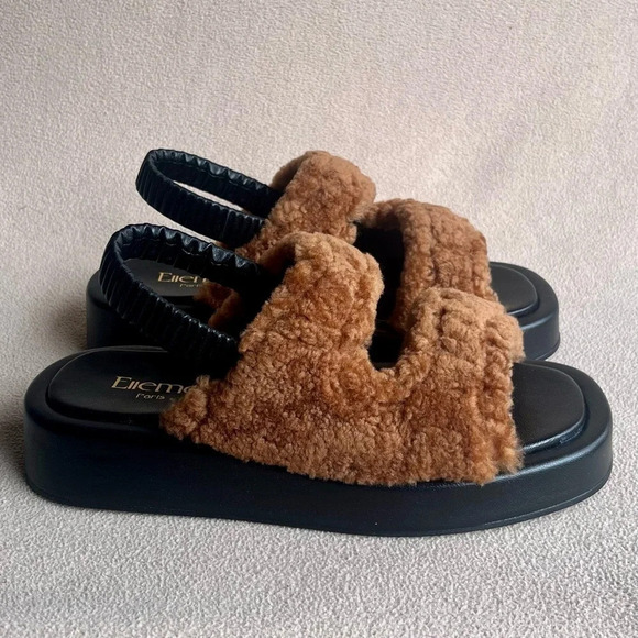 Elleme Gemini Shearling Teddy Slingback Sandal-Brown/Black-Women’s 6.5/7.5/8.5 - Picture 1 of 10